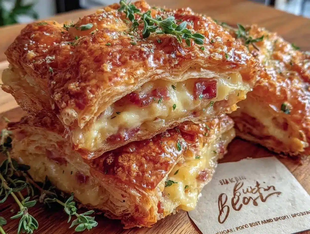 crispy ham and cheese puff pastry stacks preparation steps