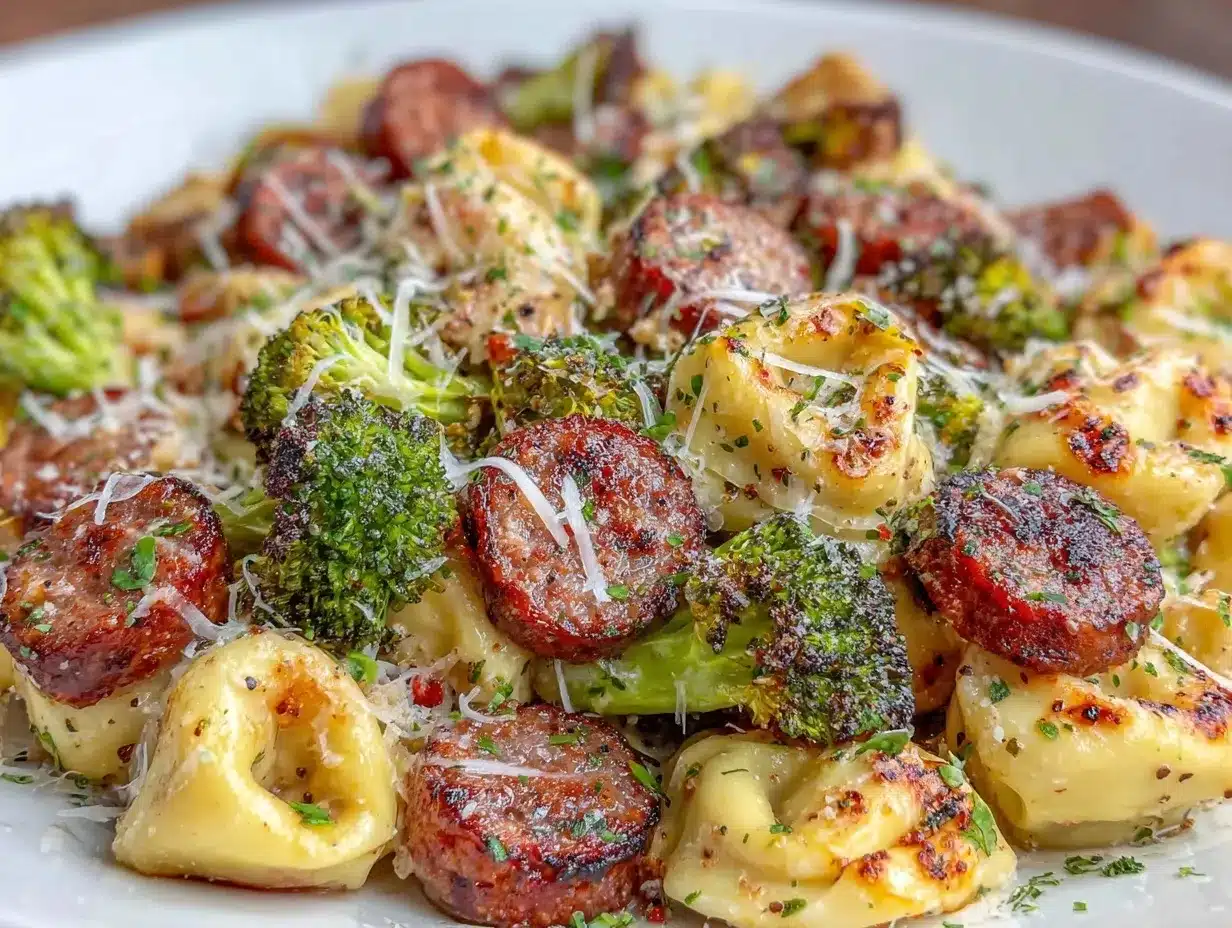 easy cheesy sheet pan broccoli tortellini preparation steps