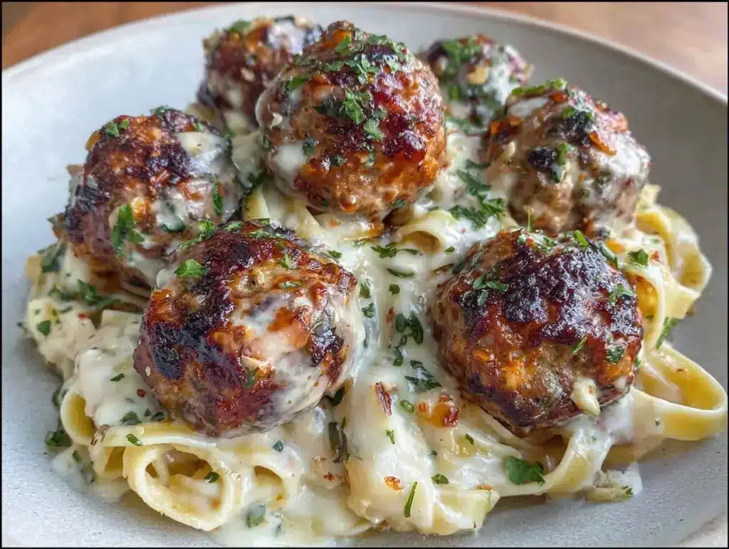 garlic butter meatballs with parmesan pasta - featured image