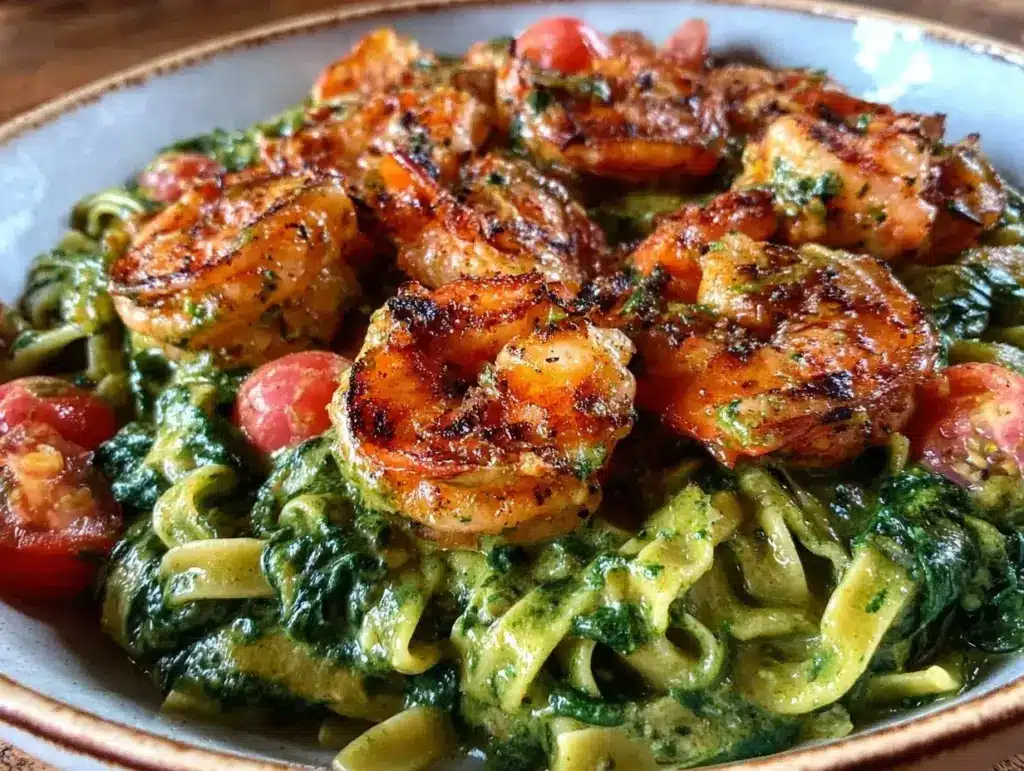 garlic butter spinach shrimp pasta - featured image
