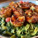 garlic butter spinach shrimp pasta - featured image