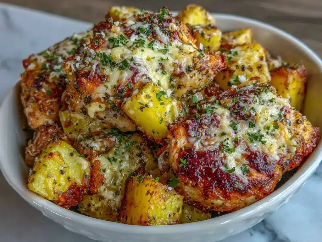 garlic parmesan chicken and roasted potatoes - featured image