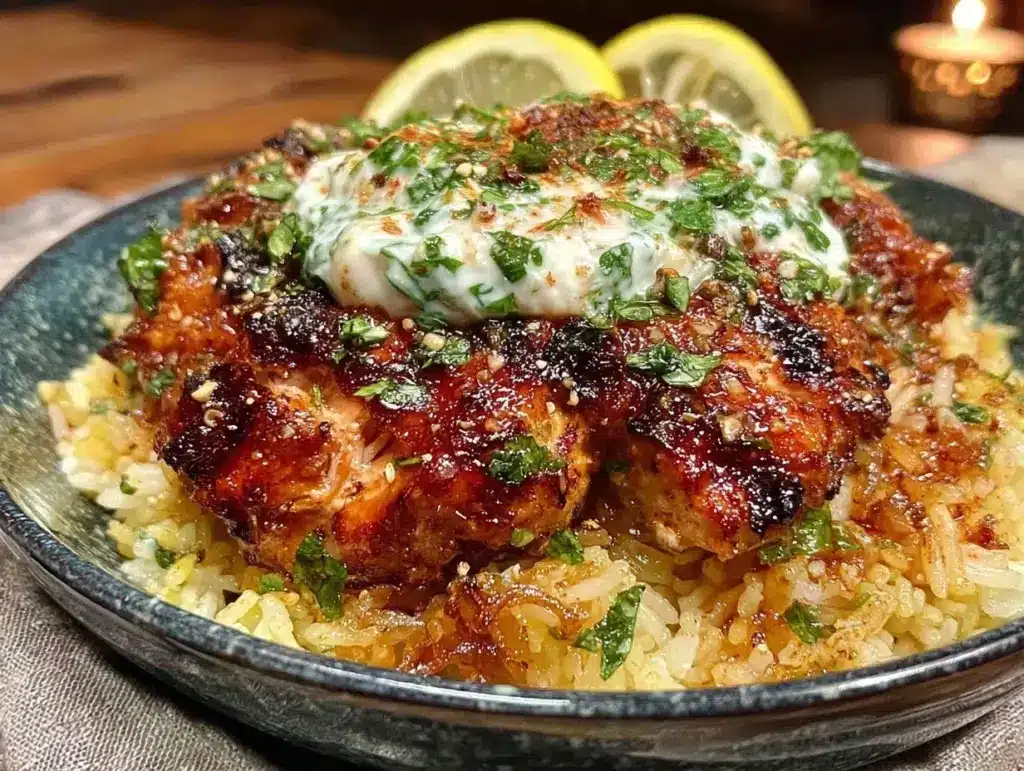 juicy chicken tzatziki rice bowl - featured image