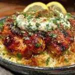 juicy chicken tzatziki rice bowl - featured image