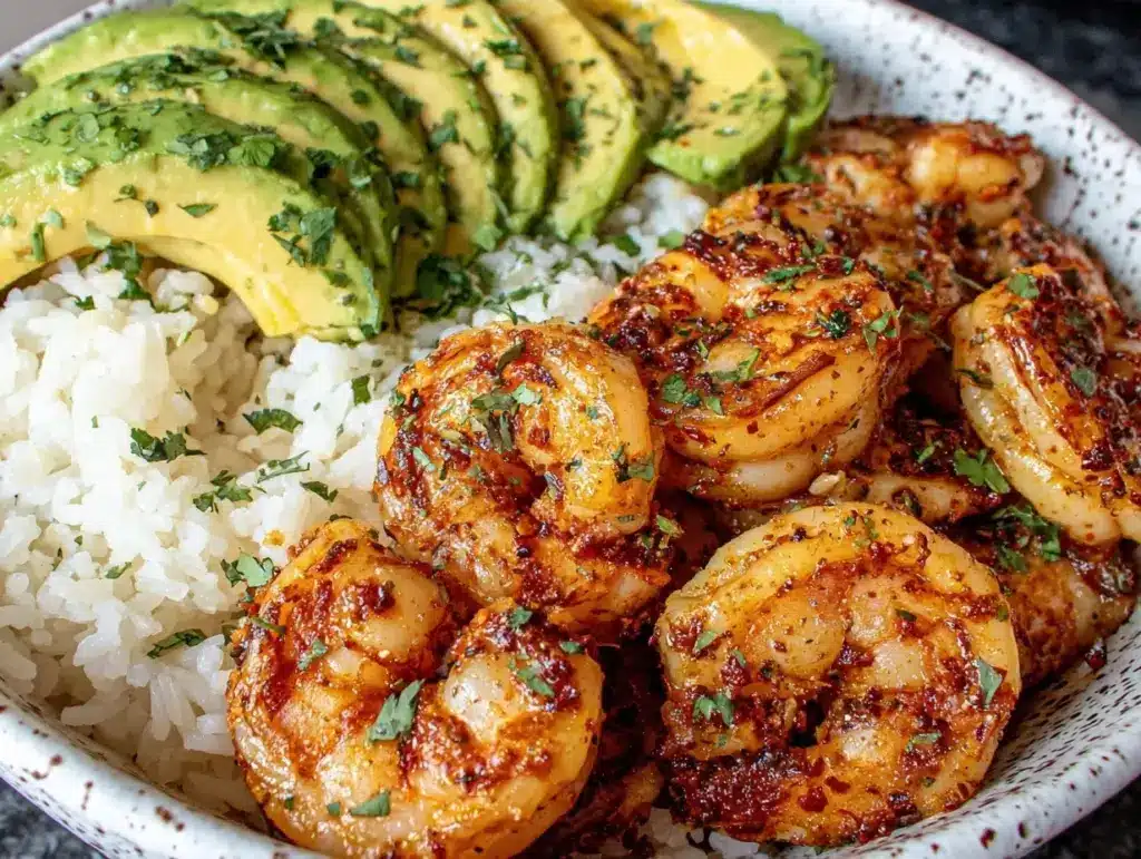 shrimp avocado rice bowl - featured image