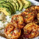 shrimp avocado rice bowl - featured image