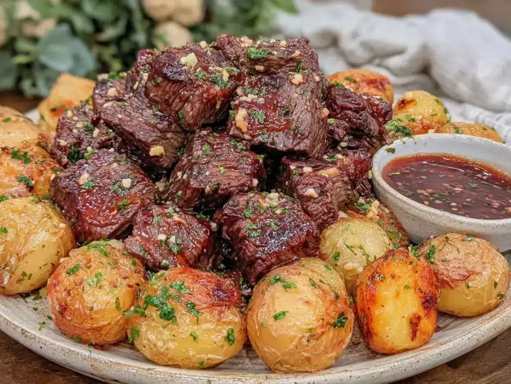 slow cooker garlic butter beef bites - featured image