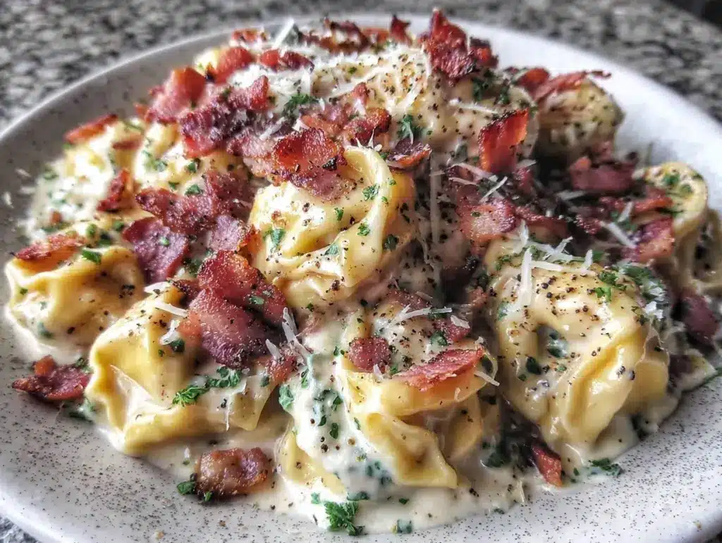 creamy tortellini carbonara pasta - featured image
