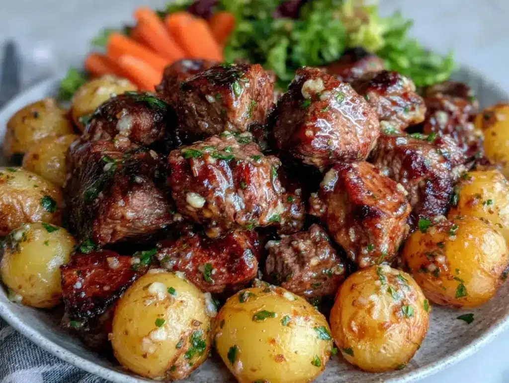 garlic butter steak bites and potatoes - featured image