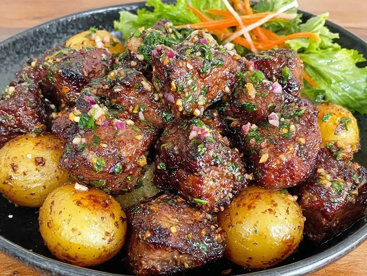 garlic butter steak bites and potatoes preparation steps