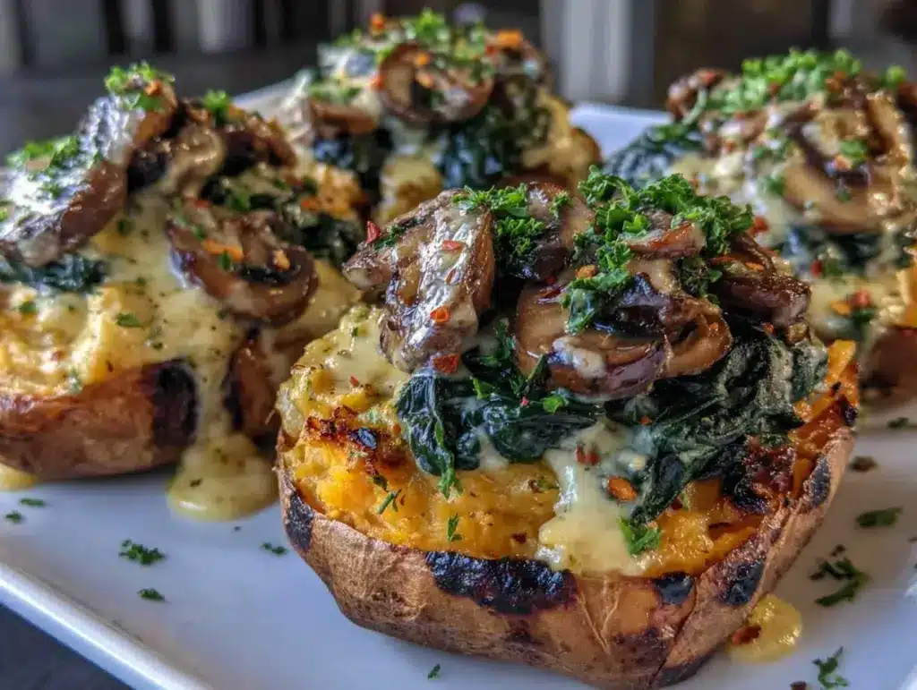 mushroom spinach stuffed sweet potatoes - featured image