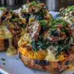 mushroom spinach stuffed sweet potatoes - featured image