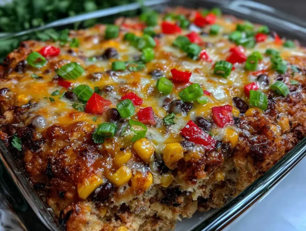 one-pan cheesy chicken burrito casserole - featured image