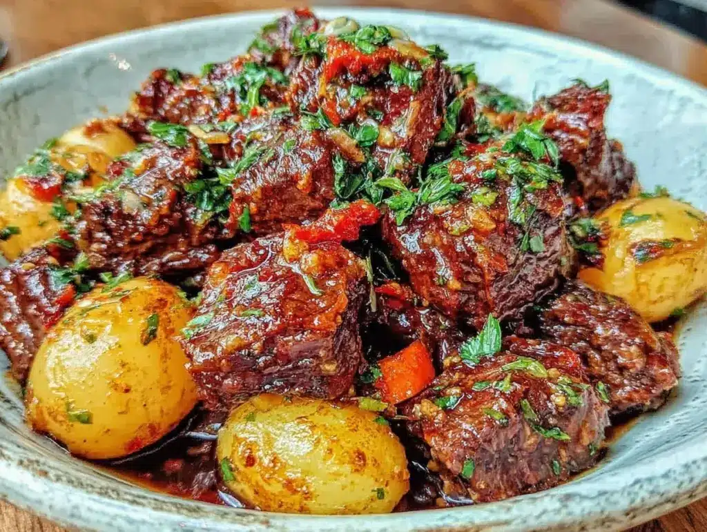 slow cooker beef bites and potatoes - featured image