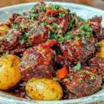 slow cooker beef bites and potatoes - featured image