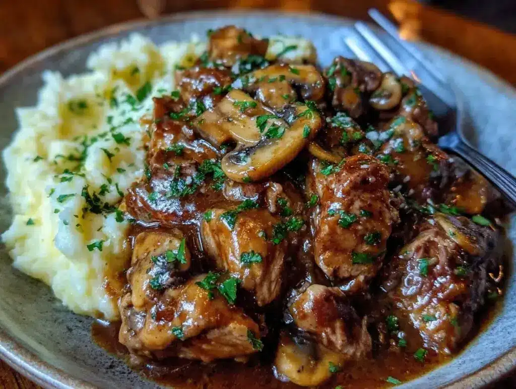 slow cooker beef stroganoff stew - featured image