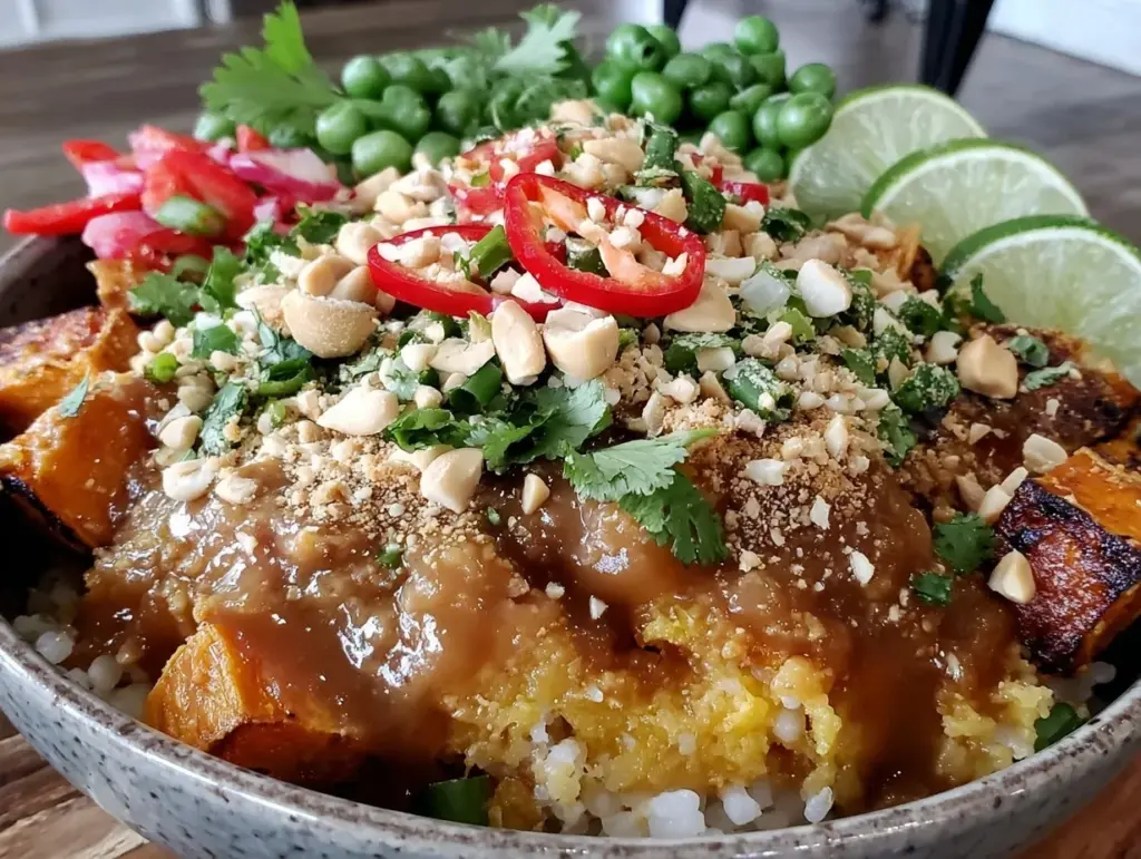 thai peanut sweet potato bowls - featured image