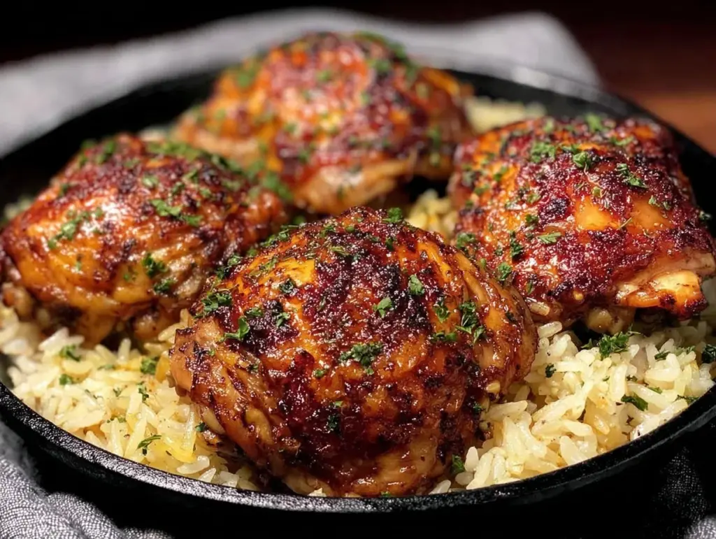 oven baked chicken thighs and rice - featured image