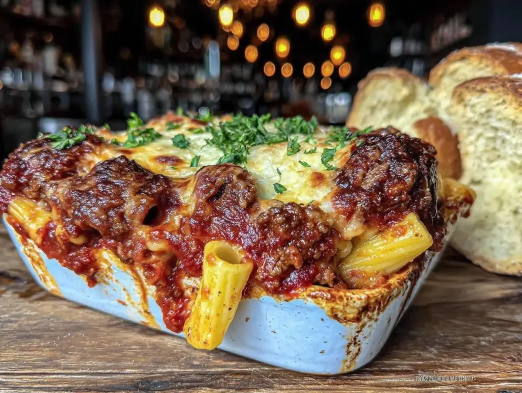 cheesy baked ziti with beef - featured image
