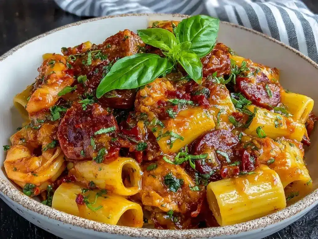 creamy chicken chorizo pasta - featured image