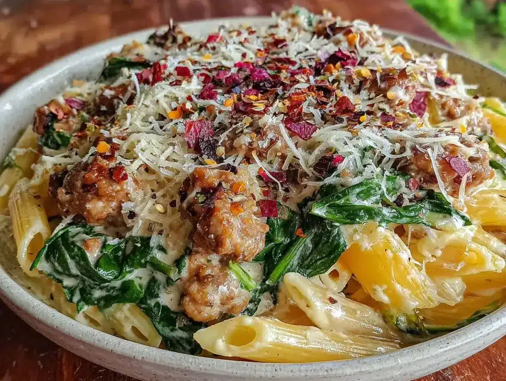 creamy ground turkey spinach pasta - featured image