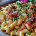 creamy honey chicken mac and cheese - featured image