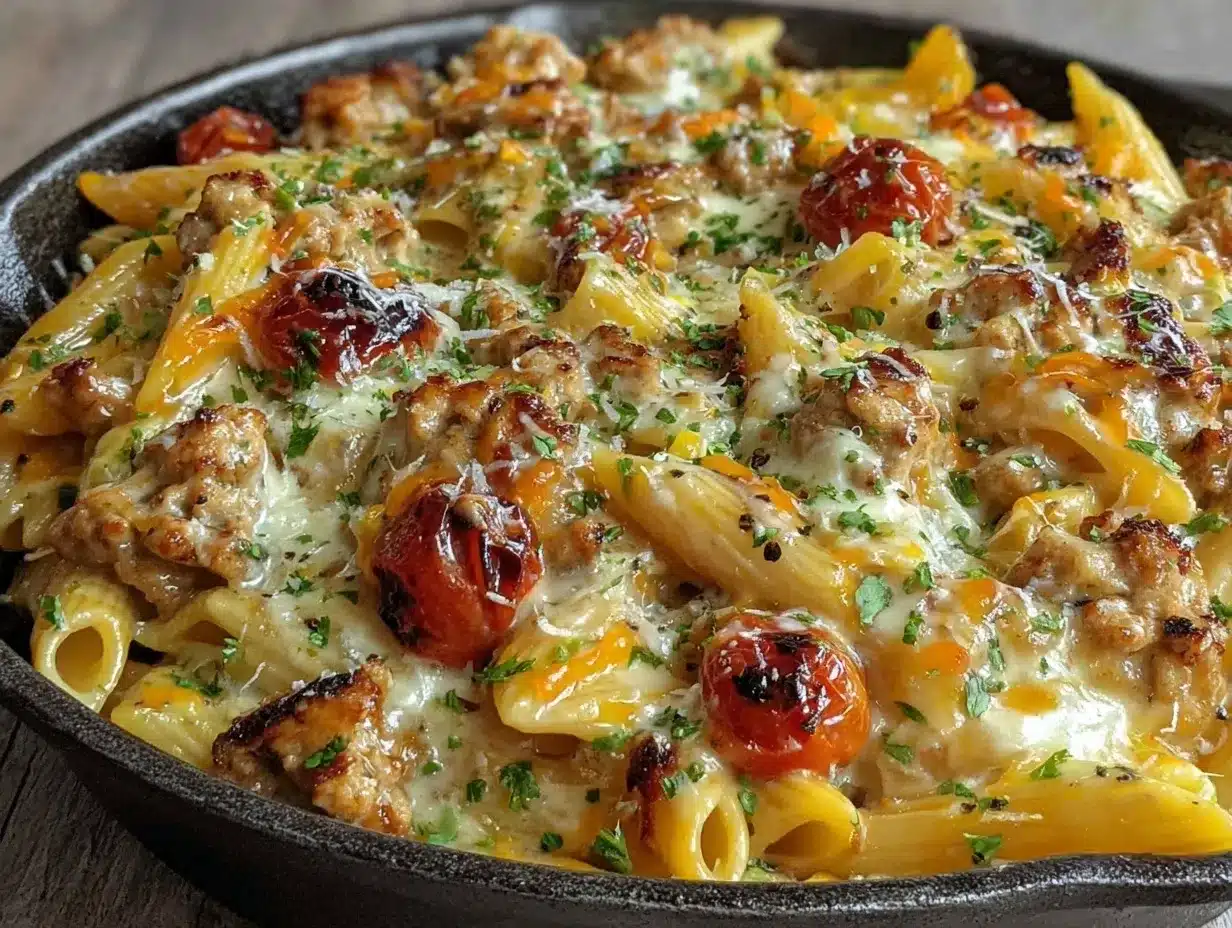 One-Skillet Cheesy Ground Chicken Pasta preparation steps